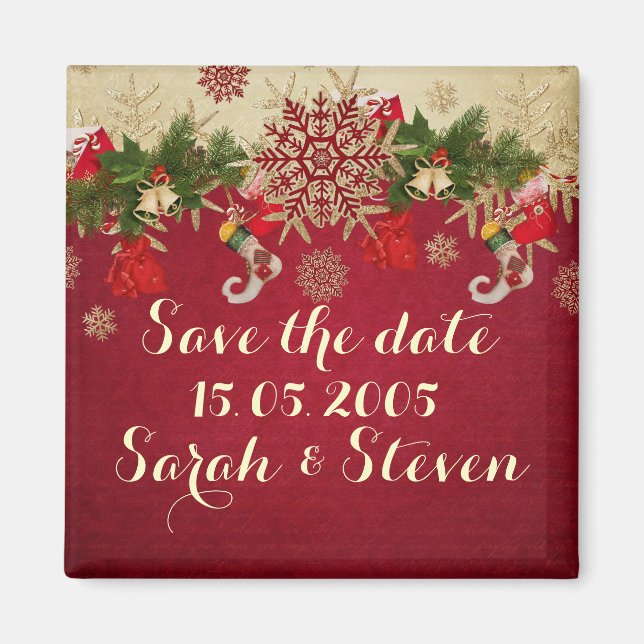 Golden Christmas Ornaments Red Save the date Magnet (Front)