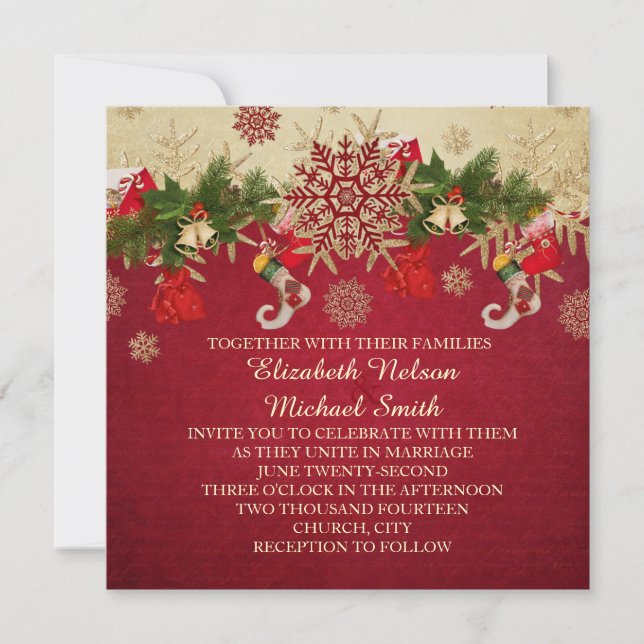 Golden Christmas Ornaments Red Wedding Invite (Front)