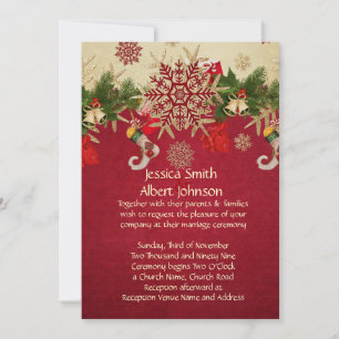 Golden Christmas Ornaments Red Wedding Invite