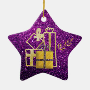 Golden Christmas Presents Purple Faux Glitter Ceramic Tree Decoration