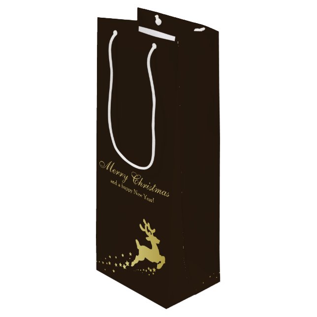 Golden Christmas Reindeer with Stars Wine Gift Bag (Front Angled)