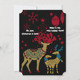 Golden Christmas Reindeers Red Snowflakes Nordic Holiday Card
