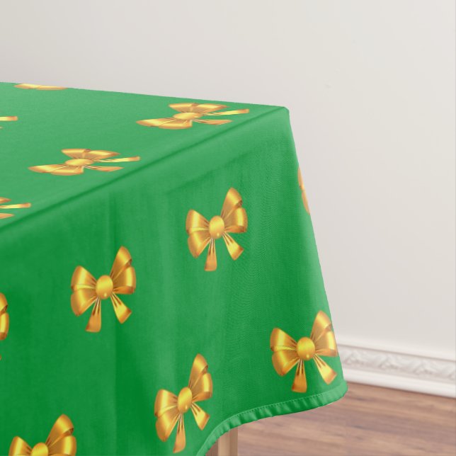 Golden Christmas Ribbon Pattern on Green Tablecloth (In Situ)