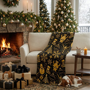 Golden Christmas Santa Snowman Angels Fleece Blank Blanket