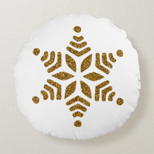Golden Christmas Snow Star  Round Cushion