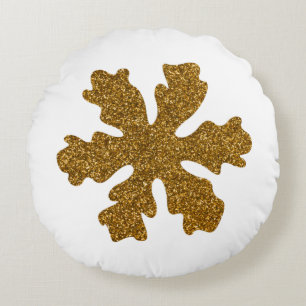 Golden Christmas Snow Star Round Cushion