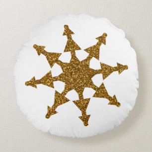 Golden Christmas Snowflake Star  Round Cushion