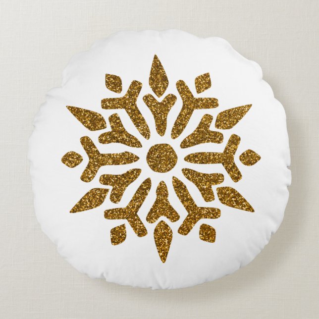 Golden Christmas Snowflake Star Round Cushion (Front)
