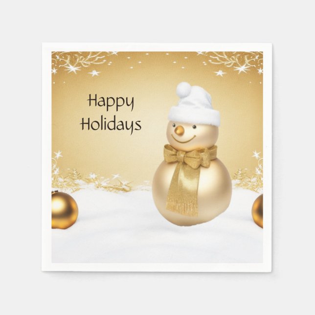 Golden Christmas Snowman Holiday Paper Napkin (Front)