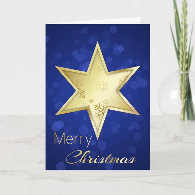 Golden Christmas Star Blue Bokeh Holiday Card (Front)