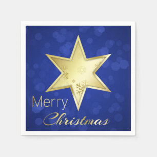 Golden Christmas Star Blue Bokeh Napkin