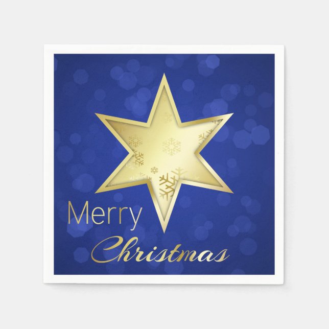 Golden Christmas Star Blue Bokeh Napkin (Front)