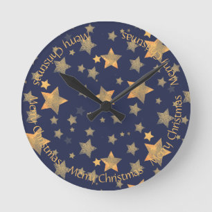 Golden Christmas Star Elegant Blue Vintage Round Clock