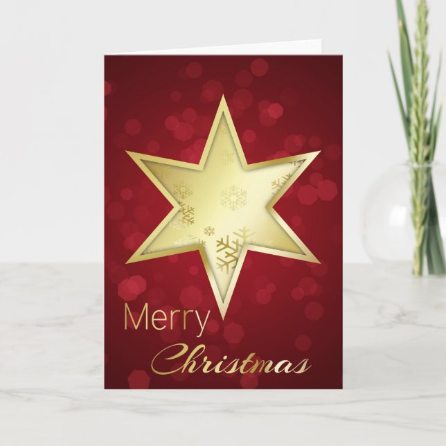 Golden Christmas Star Red Bokeh Holiday Card (Front)