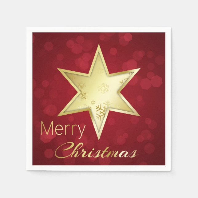 Golden Christmas Star Red Bokeh Napkin (Front)