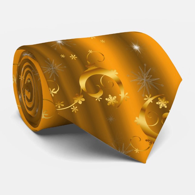 Golden Christmas Stars, Swirls on Gold Tie (Rolled)