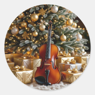 Golden Christmas Tree, Gifts and Violin Classic Round Sticker