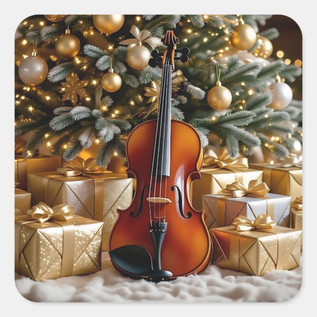 Golden Christmas Tree, Gifts and Violin Square Sticker (Front)