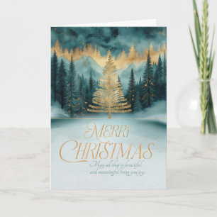 Golden Christmas Tree in a Pine Forest Holiday Card