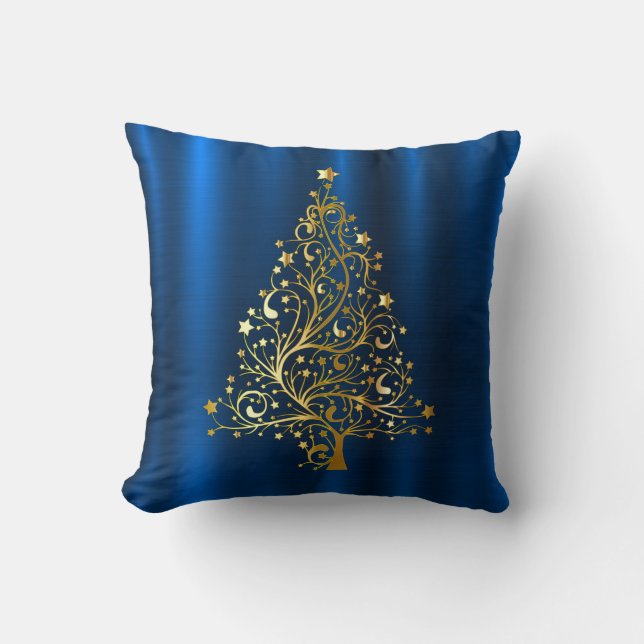 Golden Christmas Tree Navy Blue Holidays Cushion (Front)