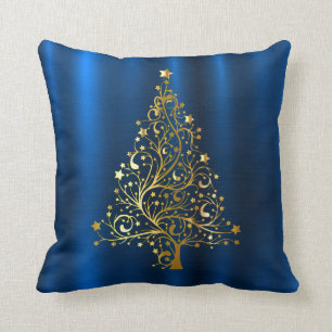 Golden Christmas Tree Navy Blue Holidays Cushion