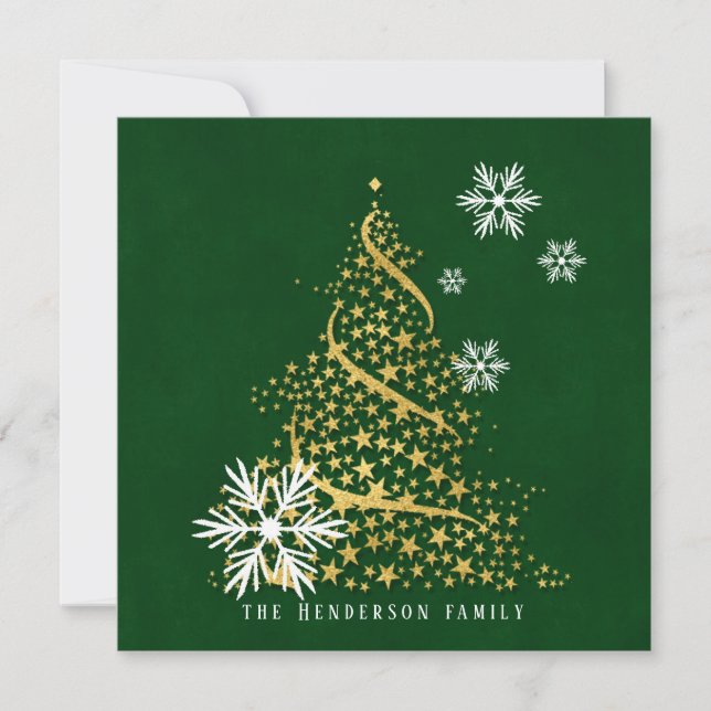 Golden Christmas Tree of Stars on Green Snowflakes Holiday Card (Front)