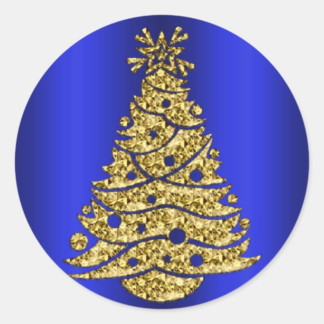 Golden Christmas Tree on Blue Classic Round Sticker (Front)