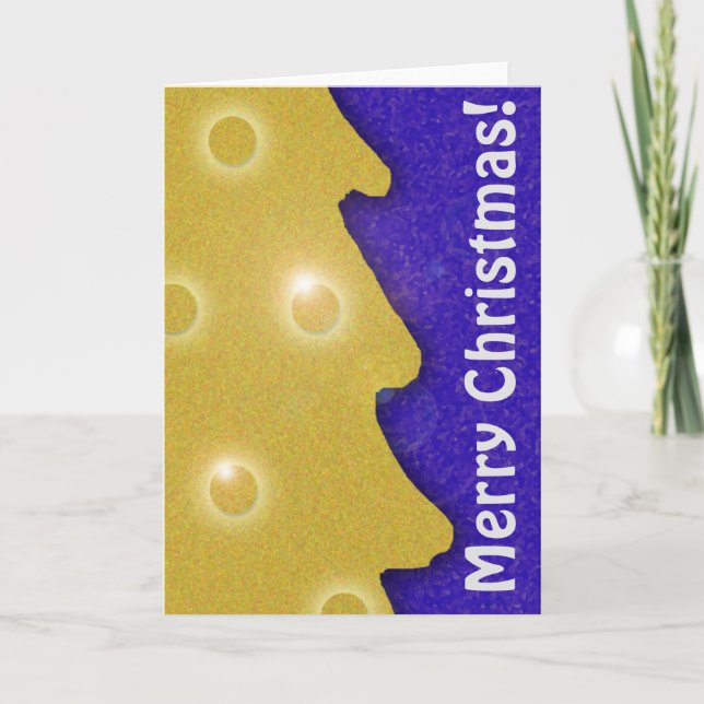Golden Christmas Tree on Blue with Text Holiday Card (Front)