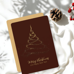Golden Christmas Tree on Dark Red Minimalist Holiday Card