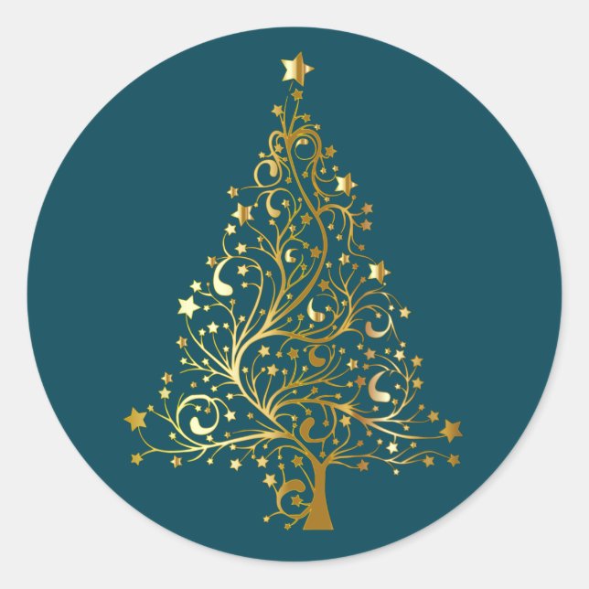 Golden Christmas Tree on Dark Teal Classic Round Sticker (Front)