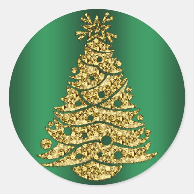 Golden Christmas Tree on Green Classic Round Sticker (Front)