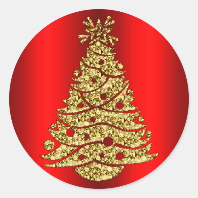 Golden Christmas Tree on Red Classic Round Sticker (Front)