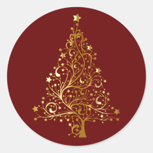 Golden Christmas Tree on Red Classic Round Sticker