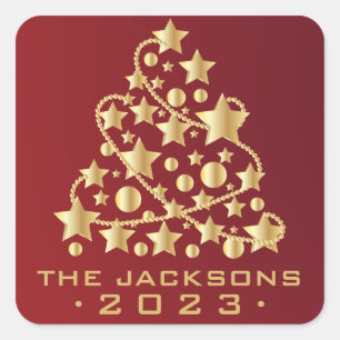 Golden Christmas Tree on Red Square Sticker