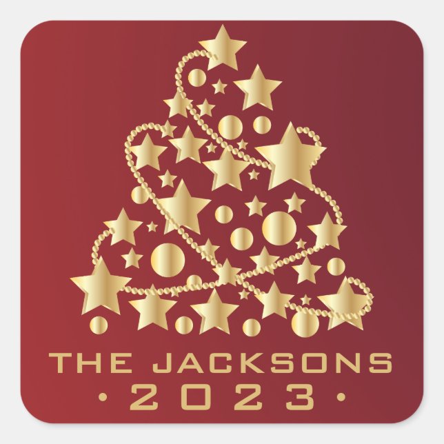 Golden Christmas Tree on Red Square Sticker (Front)