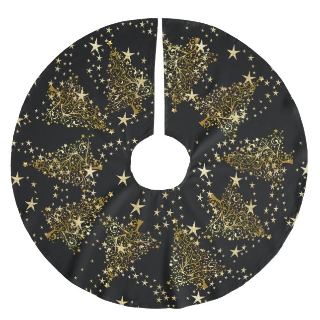 Golden Christmas tree Pattern Black Brushed Polyes Brushed Polyester Tree Skirt (Front)