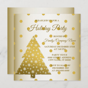 Golden Christmas Tree Polkadots Holidays Party Invitation