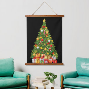 Golden Christmas Tree & Presents Holiday Wall Tape Hanging Tapestry