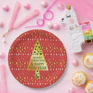 Golden Christmas tree - Red landscape Paper Plate