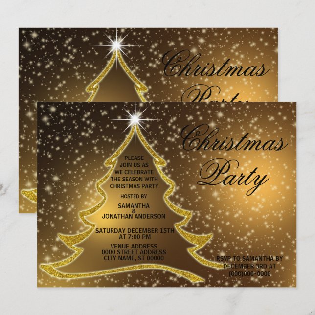 Golden Christmas Tree Sparkle Gold Holidays Party Invitation (Front/Back)