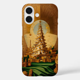 Golden Christmas Tree with Eiffel Tower iPhone 16 Case