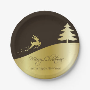 Golden Christmas Tree with Reindeer Paper Plate
