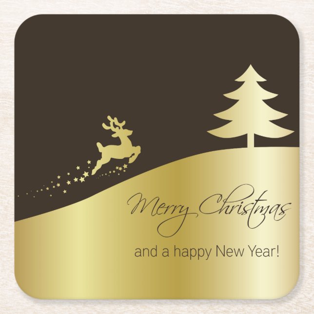 Golden Christmas Tree with Reindeer Square Paper Coaster (Front)