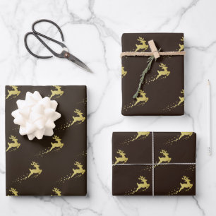 Golden Christmas Tree with Reindeer Wrapping Paper Sheet