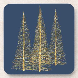 Golden Christmas Trees Blue Coasters Set