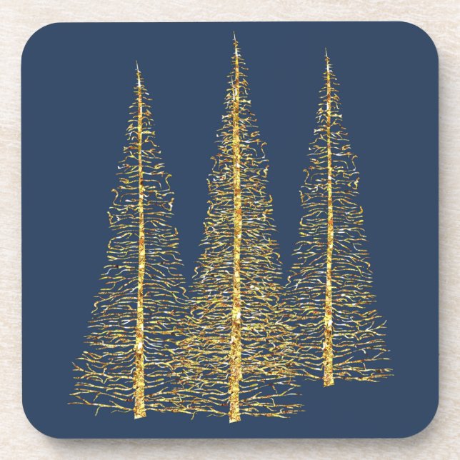 Golden Christmas Trees Blue Coasters Set (Front)
