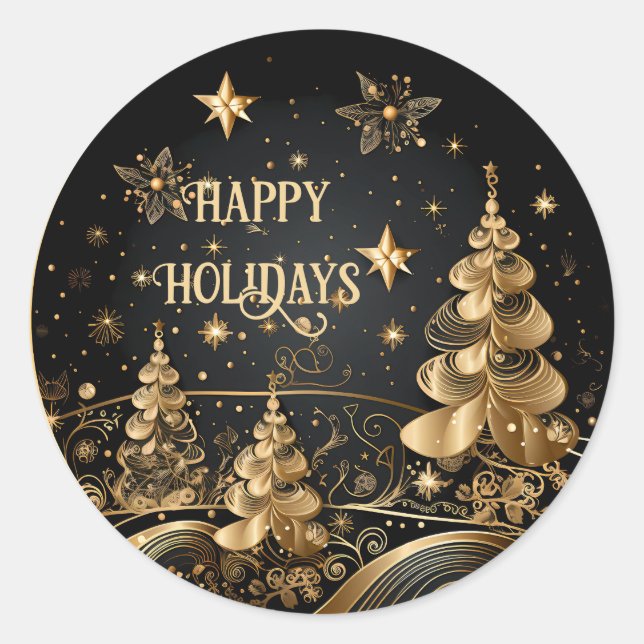 Golden Christmas Trees Holiday Sticker (Front)