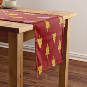 Golden Christmas Trees in Red Background Short Table Runner