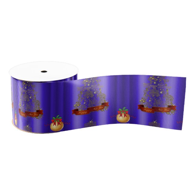 Golden Christmas Trees on Blue Grosgrain Ribbon (Spool)