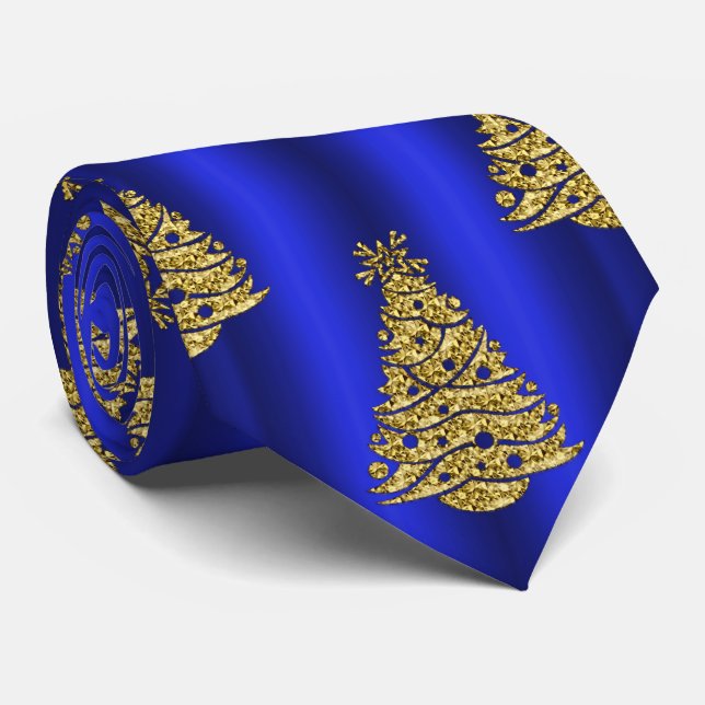 Golden Christmas Trees on Blue Tie (Rolled)